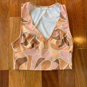 Altar'd State Pink Peach Brown Retro Floral V-Neck Crop Top